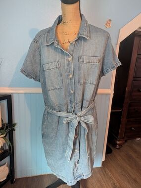 Frye Light Blue Denim Midi Shirt Dress with Tie Waist